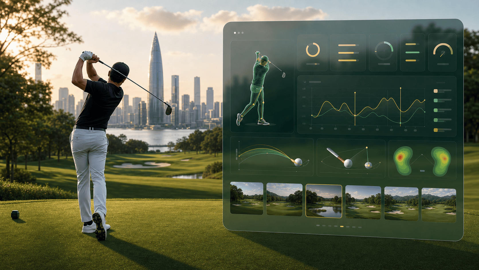 深圳湾华润大厦天际线下的 AIGOLF 智能挥杆分析